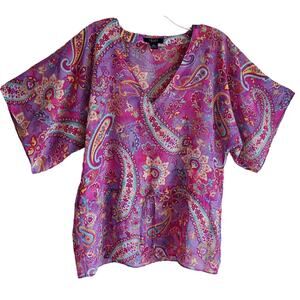 CHAPS Women S Blouse Semi Sheer Drawstring Waist V Neck Purple Pink Paisley 40"